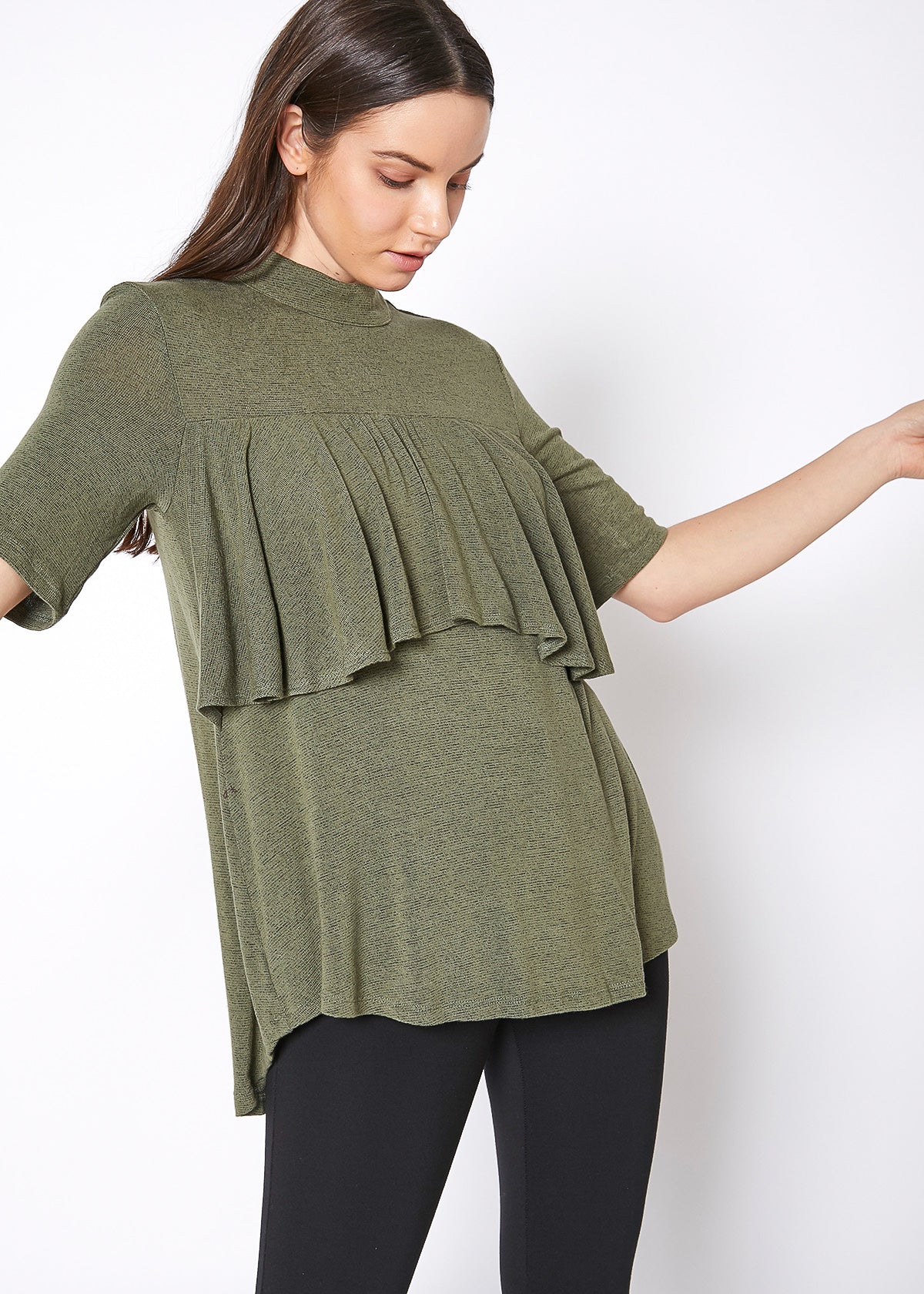 Women's Mock Neck Short Sleeve Ruffled Yoke Top - My Store