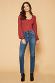 Women's Square Neck Puff Long Sleeve Bodysuit in Brick - My Store