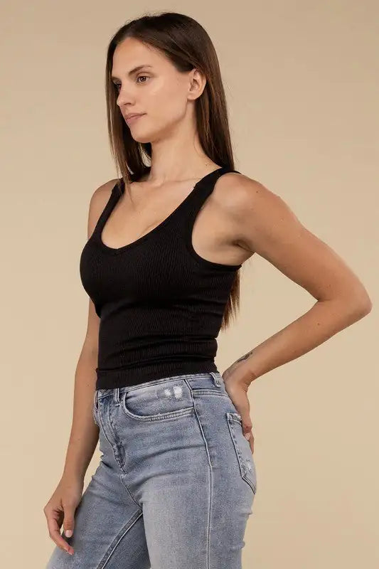 Ribbed Bra Padded V-Neck Tank Top - My Store