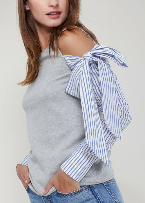 Open Shoulder Tie Sleeve Top In Heather Grey - My Store