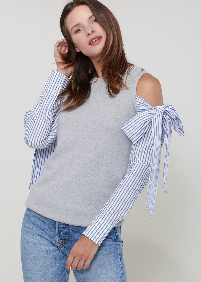 Open Shoulder Tie Sleeve Top In Heather Grey - My Store