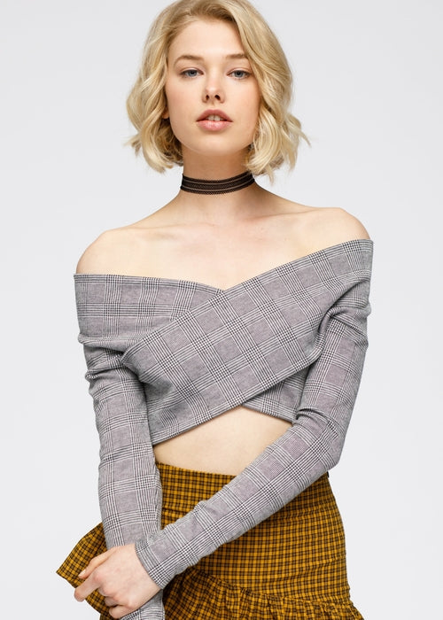 Glen Plaid Off Shoulder Crisscross Crop Top In Grey - My Store