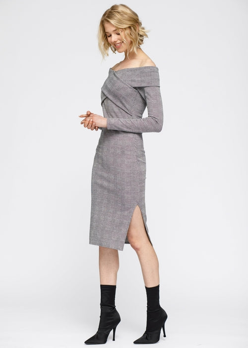 Women's Glen Plaid Off Shoulder Crisscross Dress In Grey Black - My Store