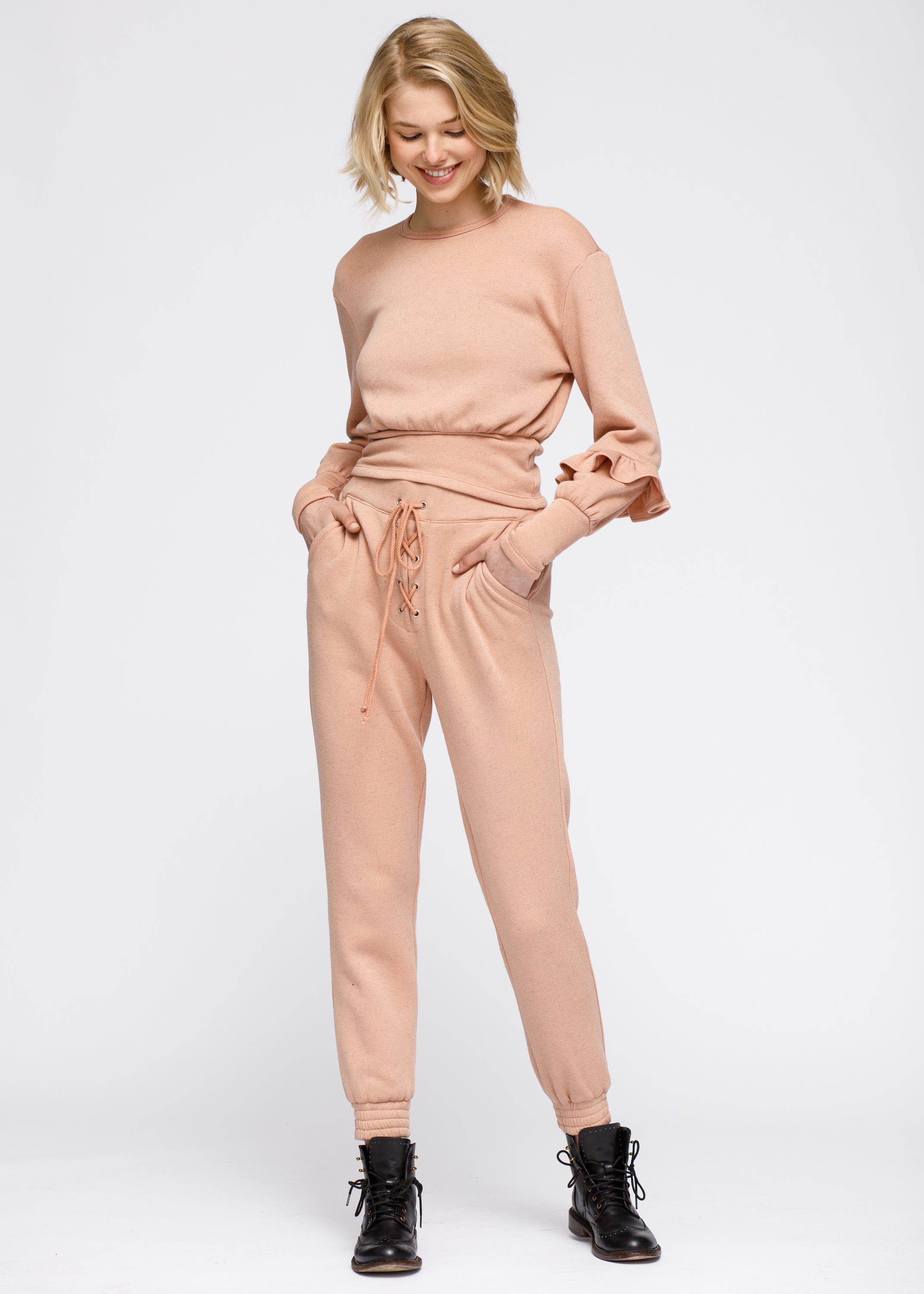 Crewneck Ruffle Sleeve Peplum Sweatshirt In Peach - My Store