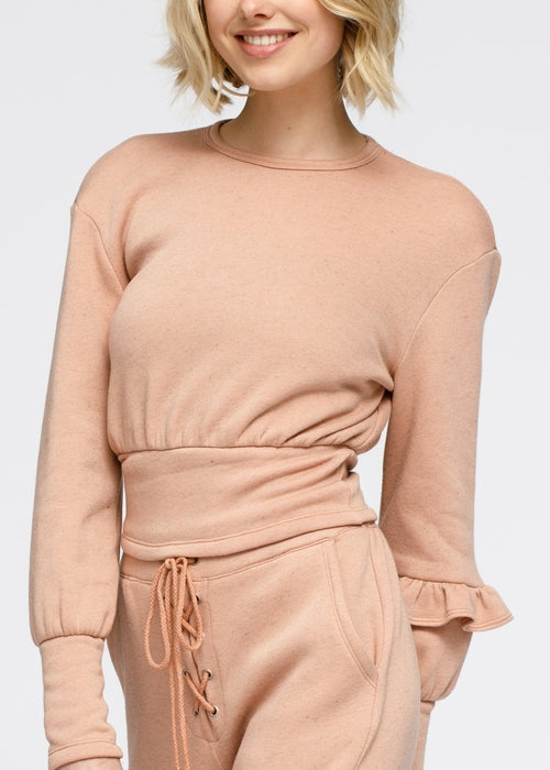 Crewneck Ruffle Sleeve Peplum Sweatshirt In Peach - My Store