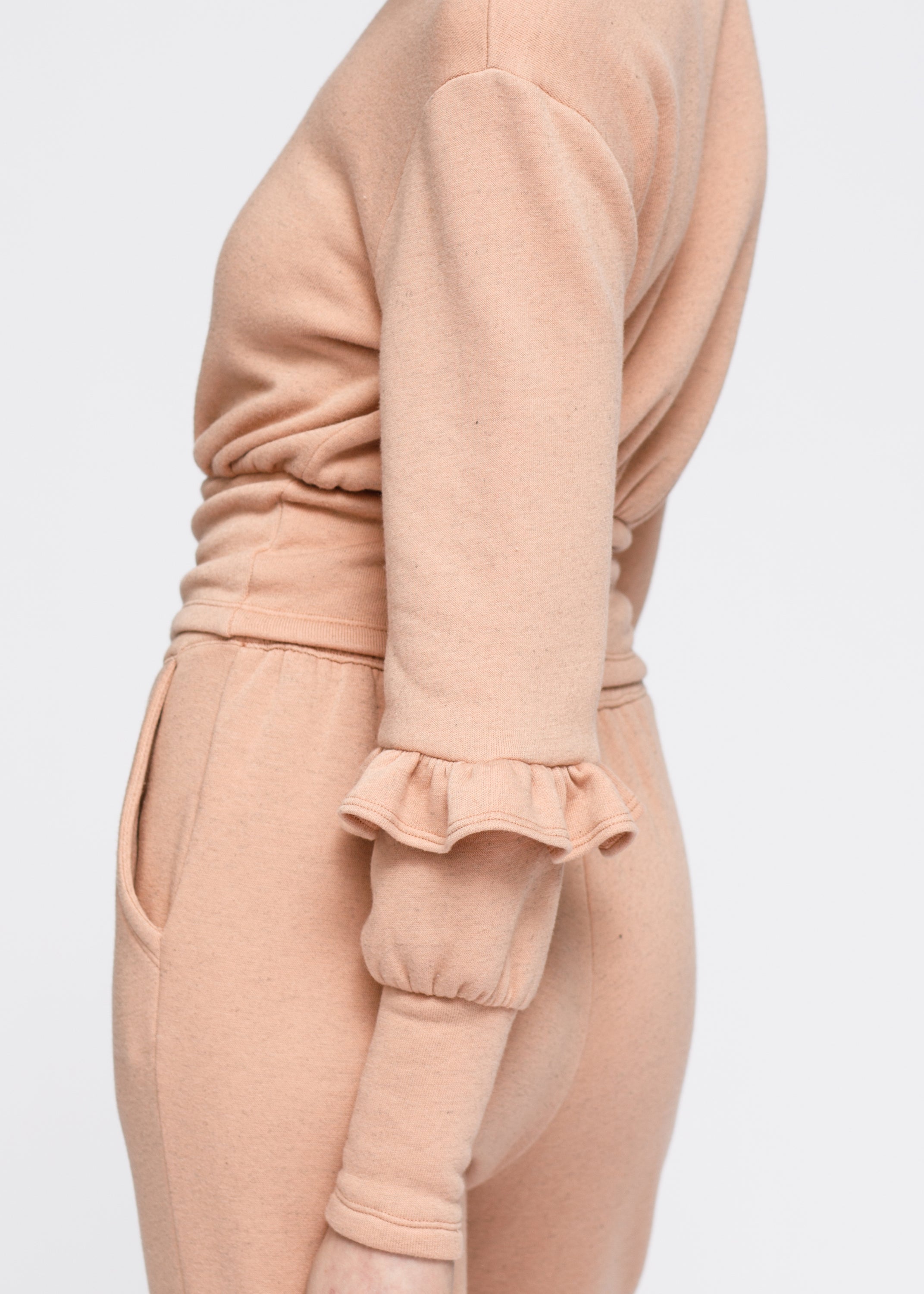 Crewneck Ruffle Sleeve Peplum Sweatshirt In Peach - My Store