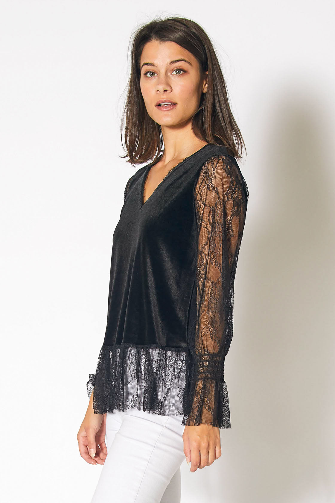 Long Sleeve Velvet Top With Lace Trim in Black - My Store