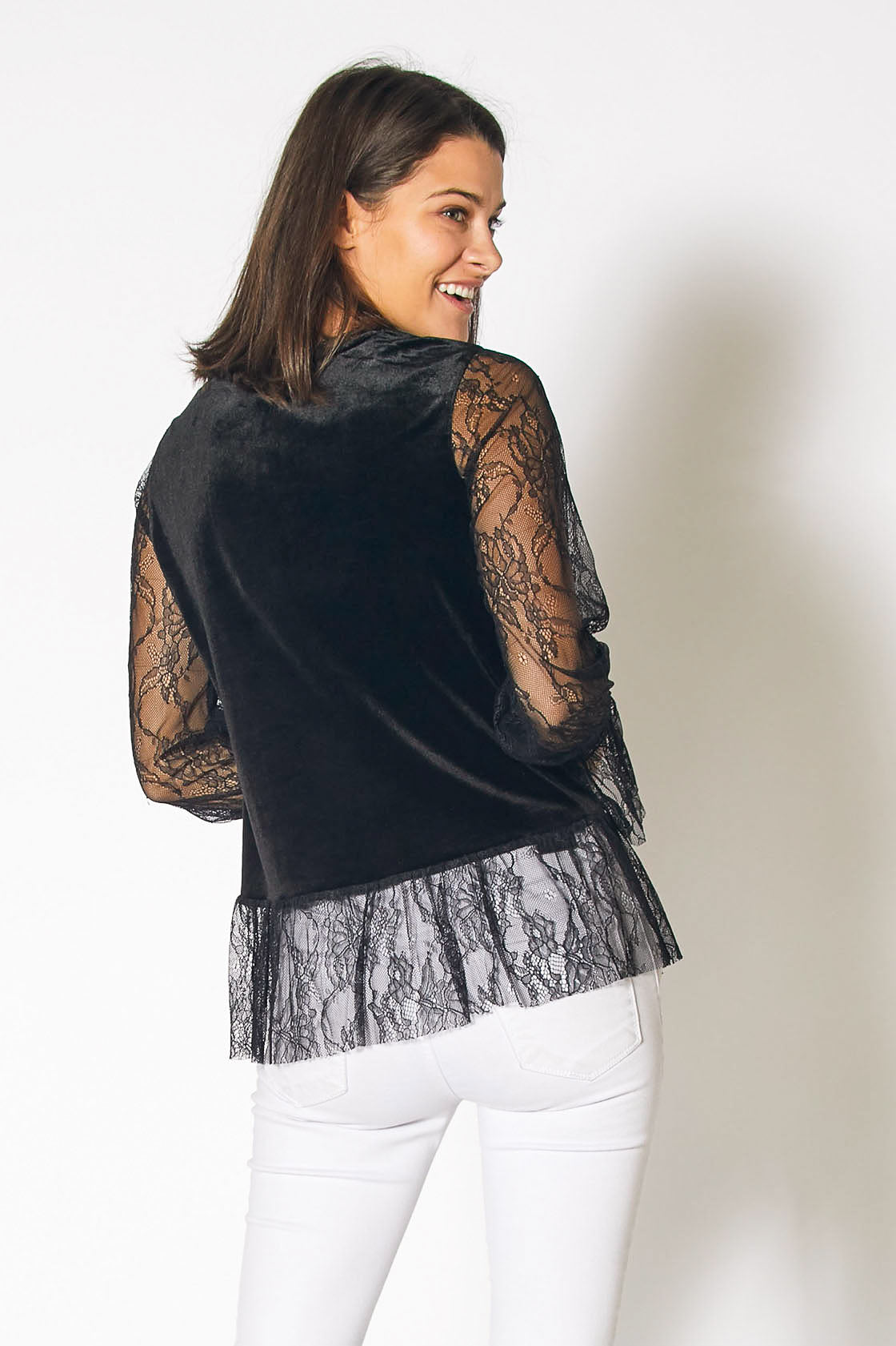 Long Sleeve Velvet Top With Lace Trim in Black - My Store