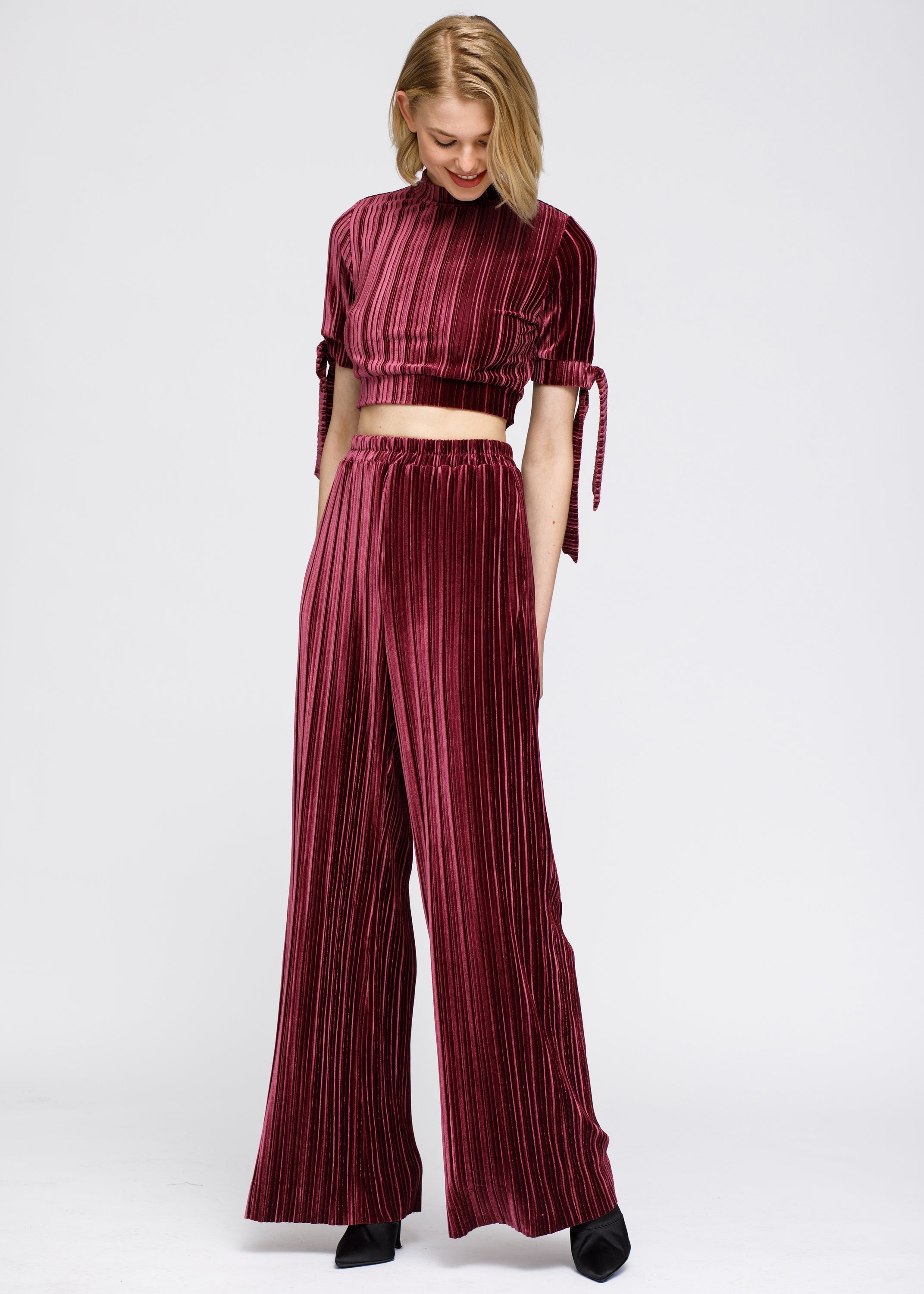 Women's Velvet Wide Leg High Waist Pants In Mulberry - My Store