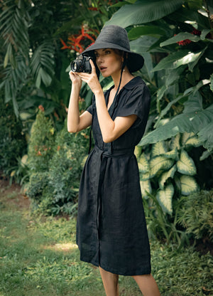 ARYA Safari Linen Midi Dress, in Black - My Store