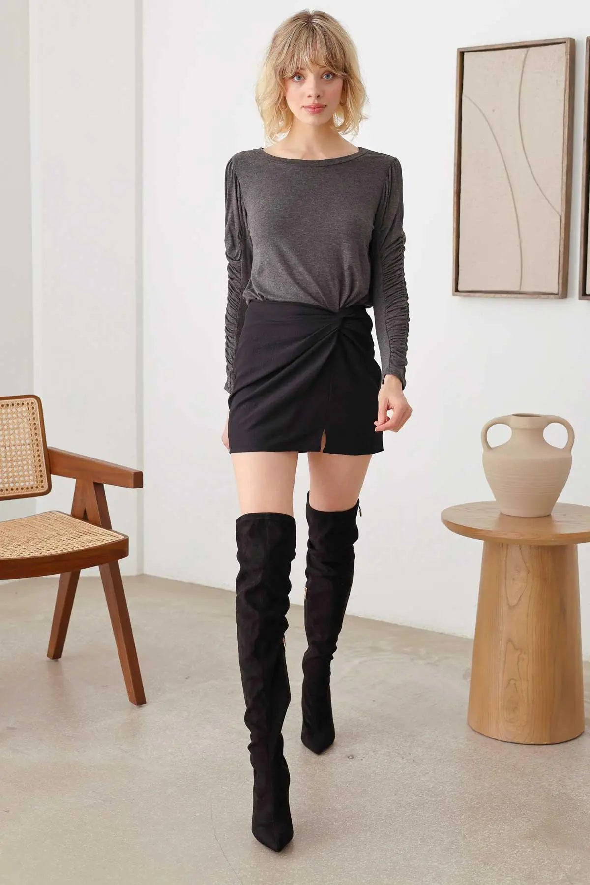 Charcoal Ruched Detail Long Sleeve Top - My Store