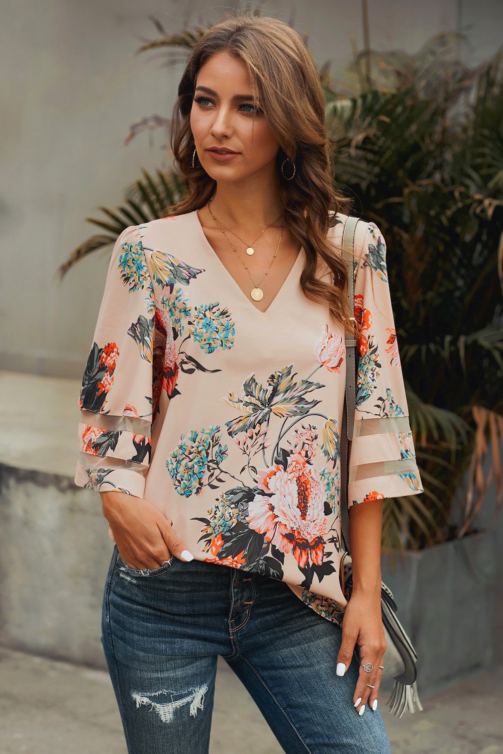 Apricot 3/4 Flared Sleeve Floral Chiffon Blouse - My Store