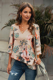 Apricot 3/4 Flared Sleeve Floral Chiffon Blouse - My Store