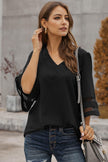 Black Flare Sleeve V Neck Loose Women's Chiffon Blouse - My Store