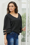 Black Flare Sleeve V Neck Loose Women's Chiffon Blouse - My Store