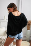 Black Zipper V-neck Dropped Sleeve Hooded Sweater - My Store