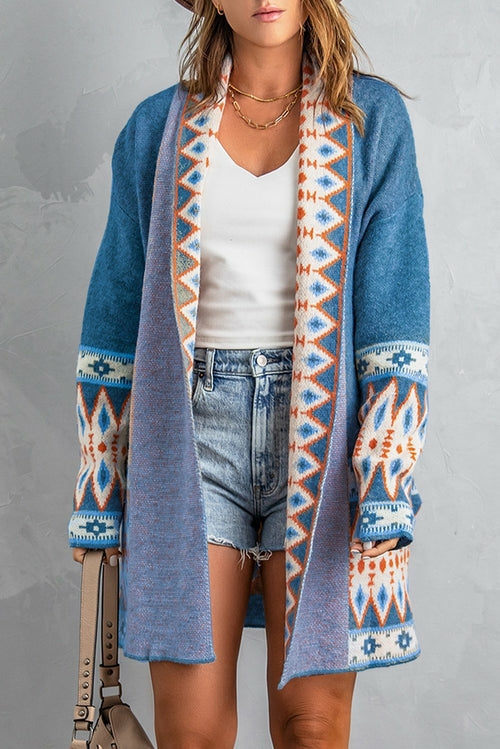 Blue Aztec Print Cardigan - My Store