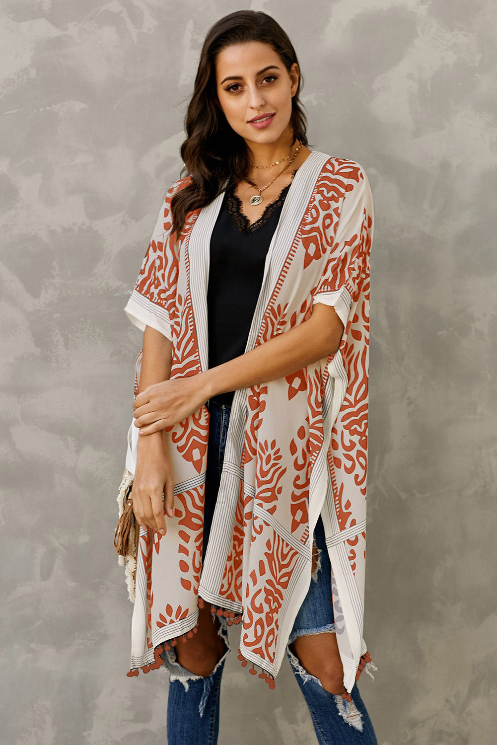 Bohemian Orange Prowess Pom Pom Kimono - My Store