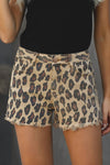 Brown Leopard Mid Waist Frayed Hemline Jean Shorts - My Store