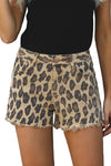 Brown Leopard Mid Waist Frayed Hemline Jean Shorts - My Store