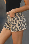 Brown Leopard Mid Waist Frayed Hemline Jean Shorts - My Store