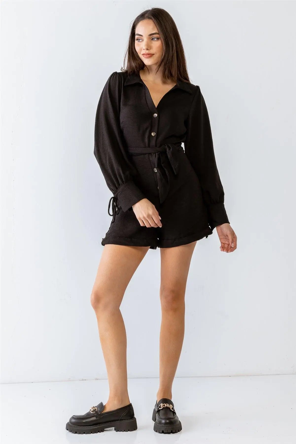 Black Textured Button-Up Collared Neck Long Sleeve Belted Romper /1-2-2-1 - My Store