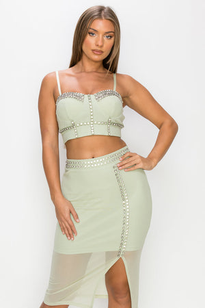 Studded Stone Cami Top & Slit Mini Skirts Set - My Store