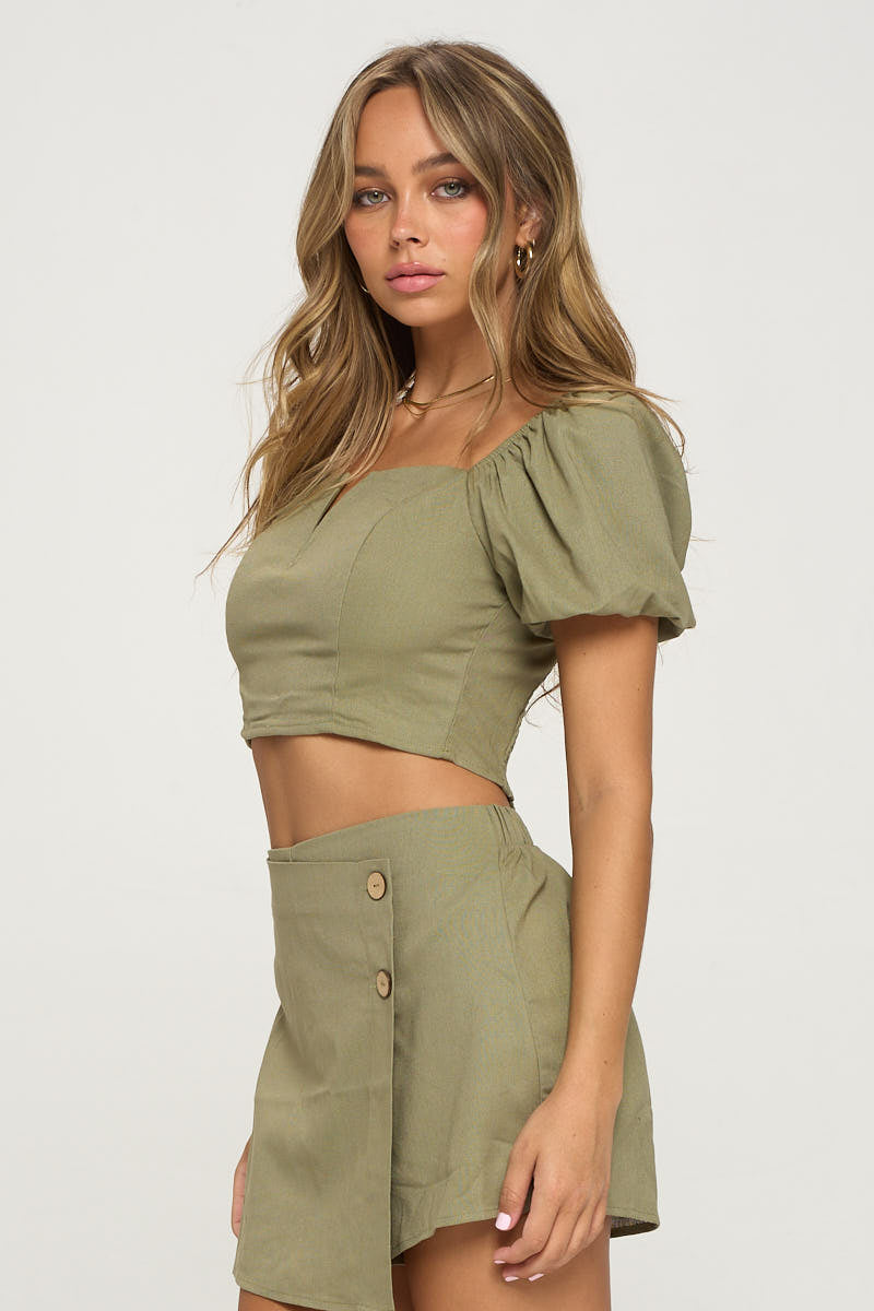 V-bar Puff Sleeve Top & Skorts Set - My Store