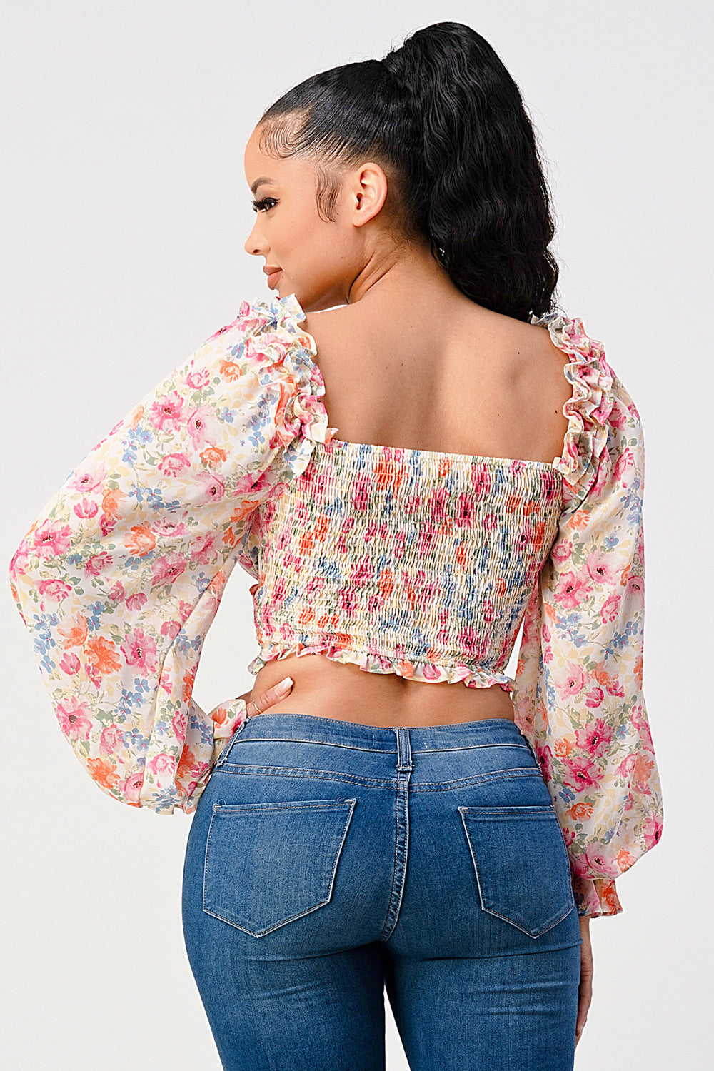 Chic Floral Sweetheart Smocked Body Blouse Top - My Store