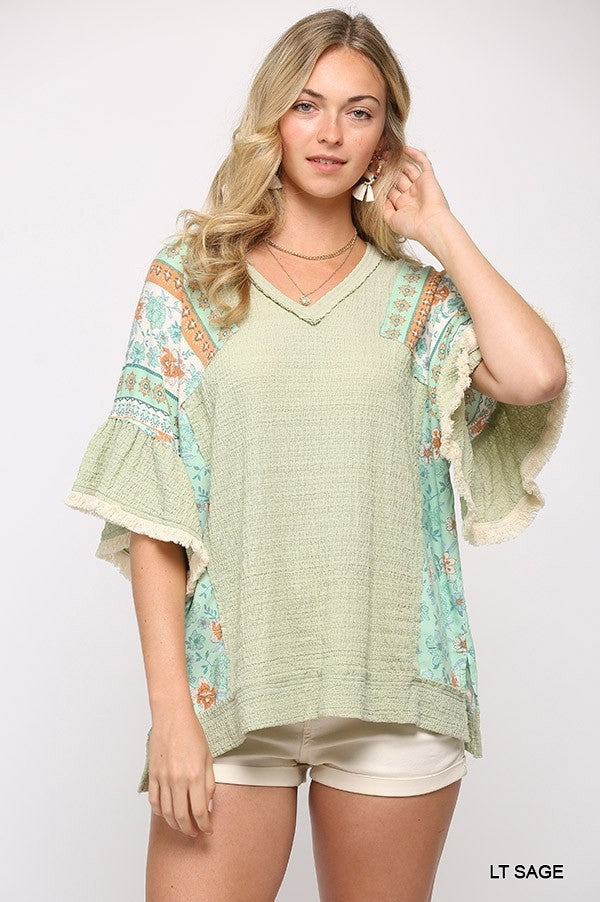 Texture Knit And Print Mixed Hi Low Hem Top - My Store