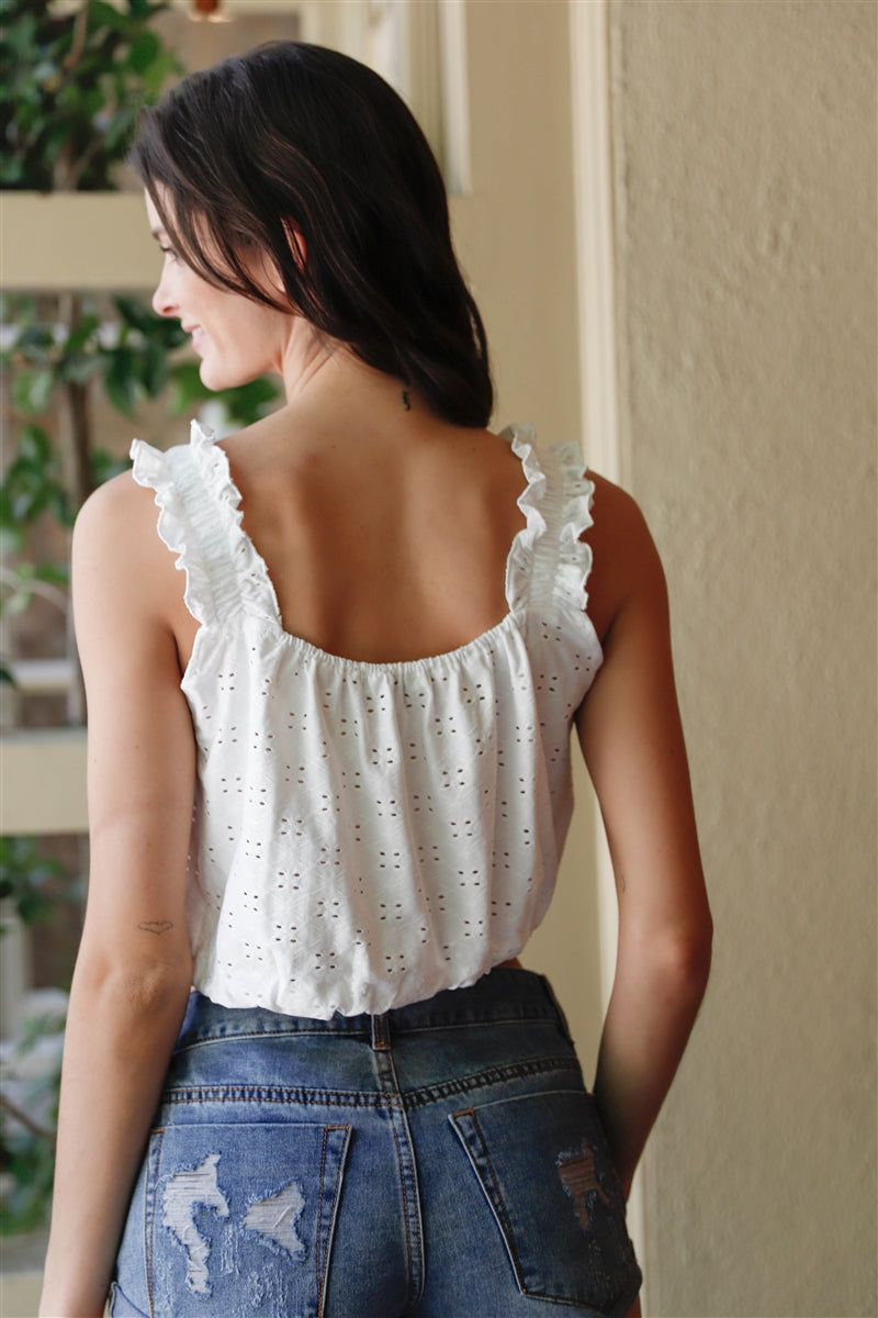 Embroidered Ruffle Trim Strap Sleeveless Crop Top - My Store