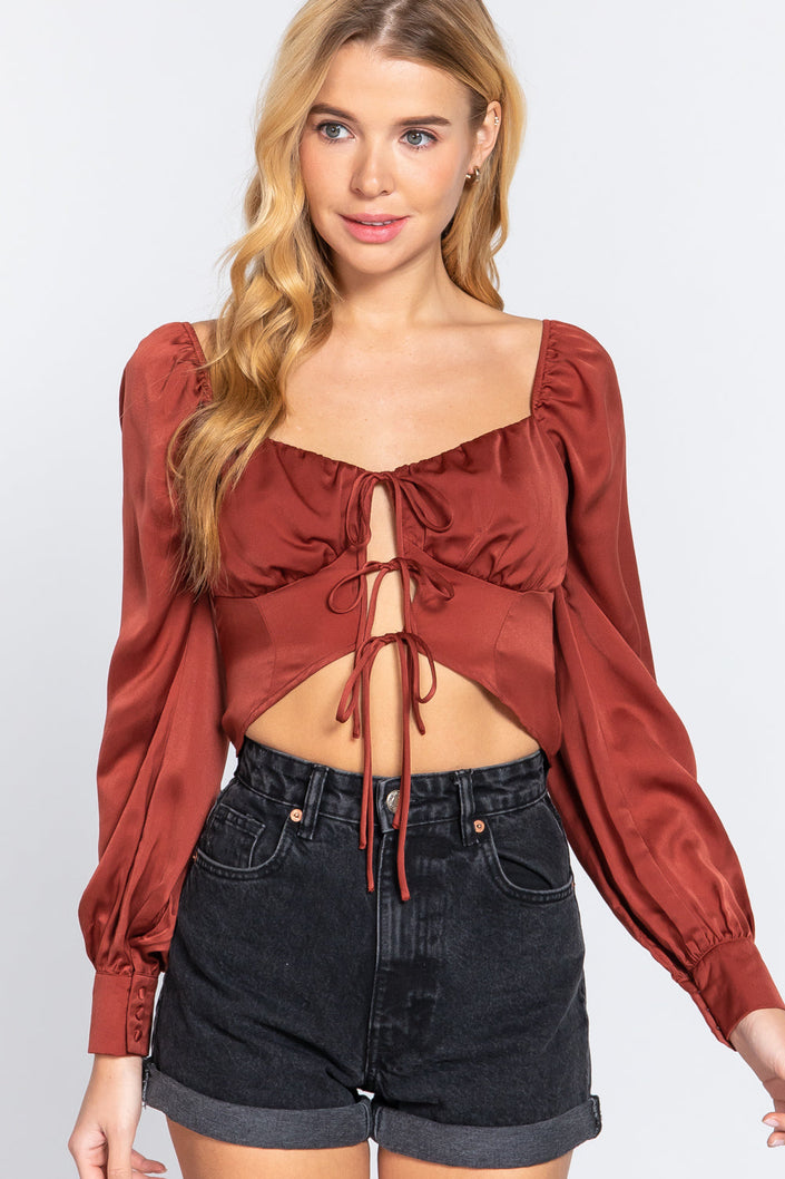 Long Sleeve Sweetheart Neck Front Ribbon Tie Detail Woven Top - My Store