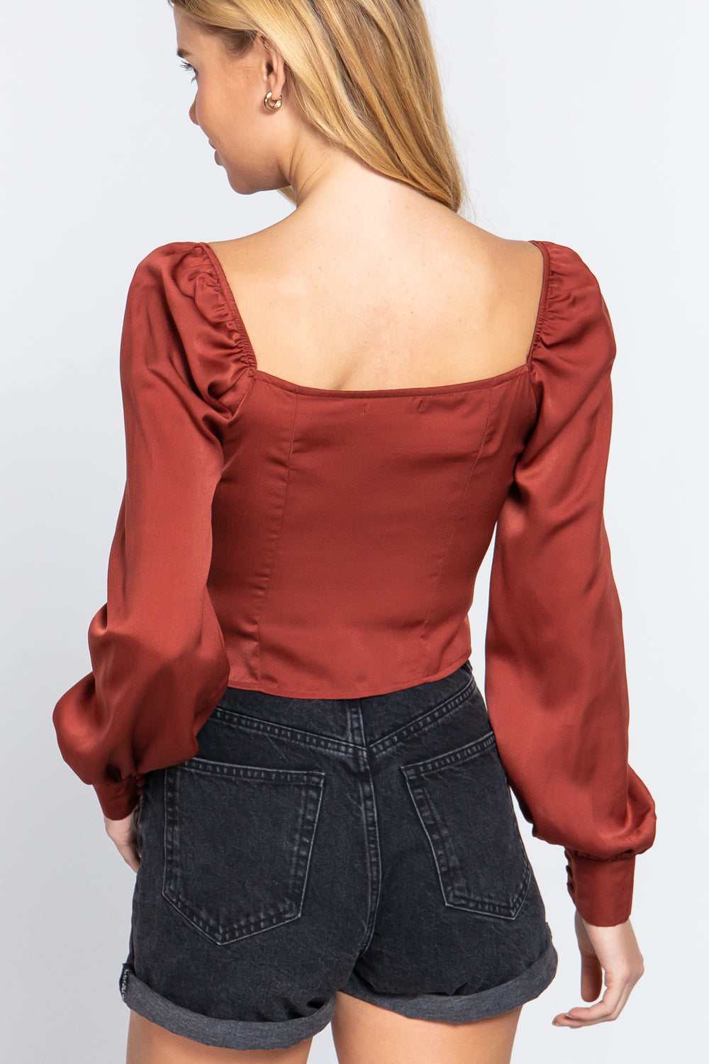 Long Sleeve Sweetheart Neck Front Ribbon Tie Detail Woven Top - My Store