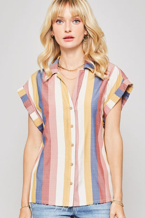 A Woven Shirt In Multicolor Striped With Collared Neckline - My Store