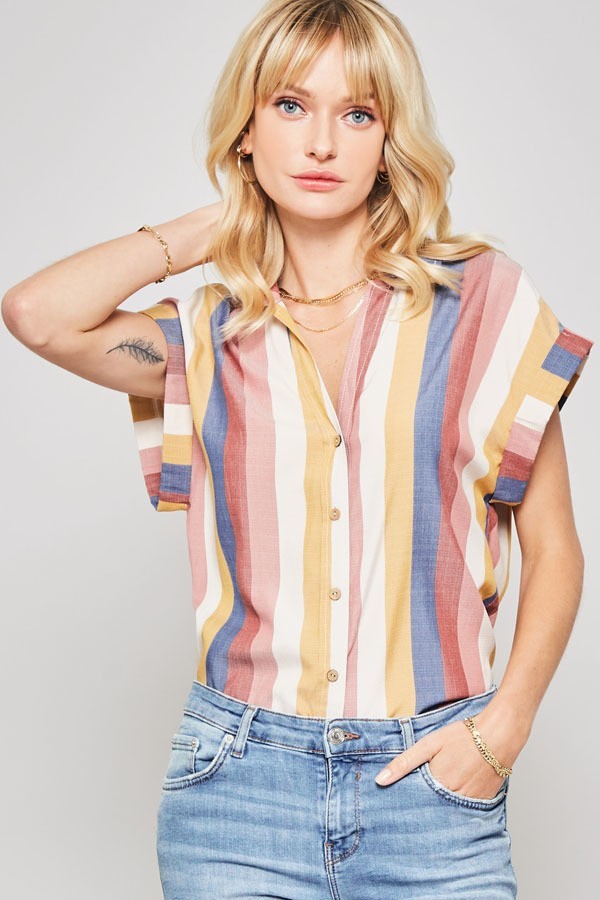 A Woven Shirt In Multicolor Striped With Collared Neckline - My Store