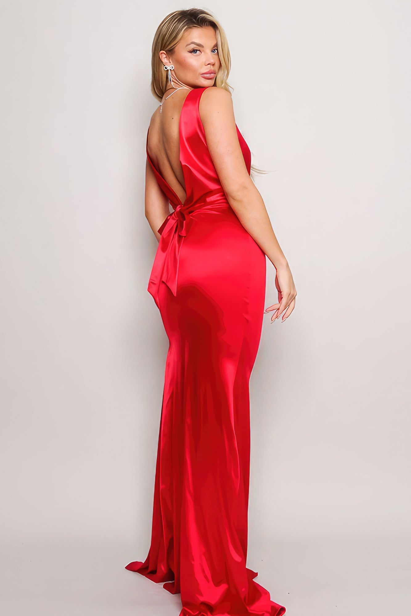 Sleeveless Deep V Low Back Bow Maxi Dress - My Store