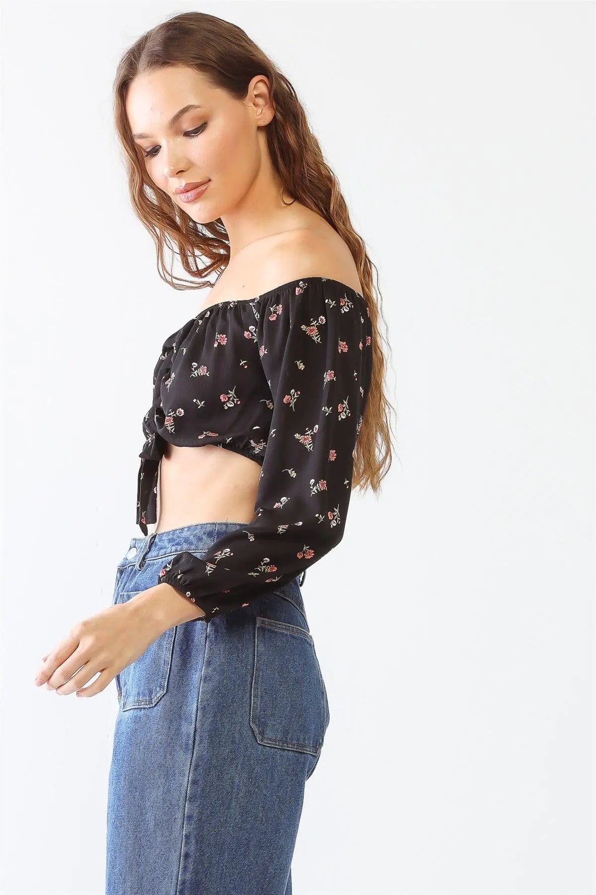 Floral Print Off-The-Shoulder Ruched Crop Top - My Store