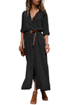 Casual Black Slit Maxi Shirt Dress with Sash - My Store