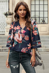 Chic Red 3/4 Flared Sleeve Floral Chiffon Blouse - My Store