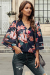 Chic Red 3/4 Flared Sleeve Floral Chiffon Blouse - My Store