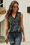 Casual Black V Neck Lace Trim Floral Tank - My Store