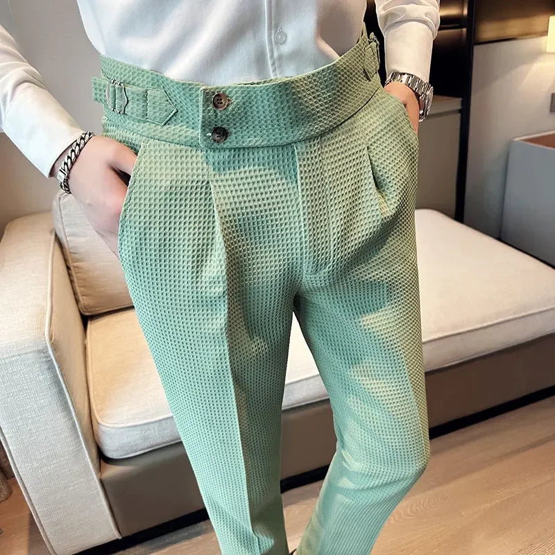 Autumn Winter Pantalones Hombre High Waist Waffle Business Casual Suit Pants for Men - My Store