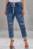 Dark Blue Gather Round Distressed Hole Pocketed Jean Jogger - My Store