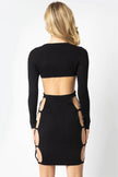 Black Knit Side Cut-Out With Gold Accent Ring Open Back Mini Dress - My Store