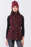 Burgundy Sleeveless Foldable Detachable Hood Detail Parka Utility Vest