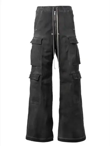 Pocket Utility Drawstring Washed Black Pants