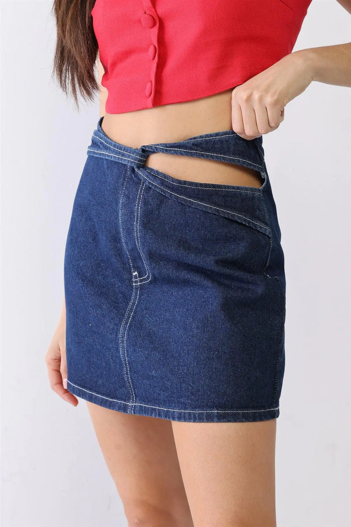 Denim Cotton Cut-Out Detail High Waist Mini Skirt - My Store