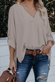 Elegant Apricot V Neck 3/4 Sleeve High Low Hem Shirt - My Store