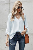 Elegant White V Neck 3/4 Sleeve High Low Hem Shirt - My Store