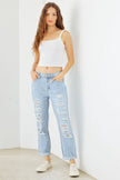 Light Blue Denim Cotton Ripped High Waist Jeans - My Store